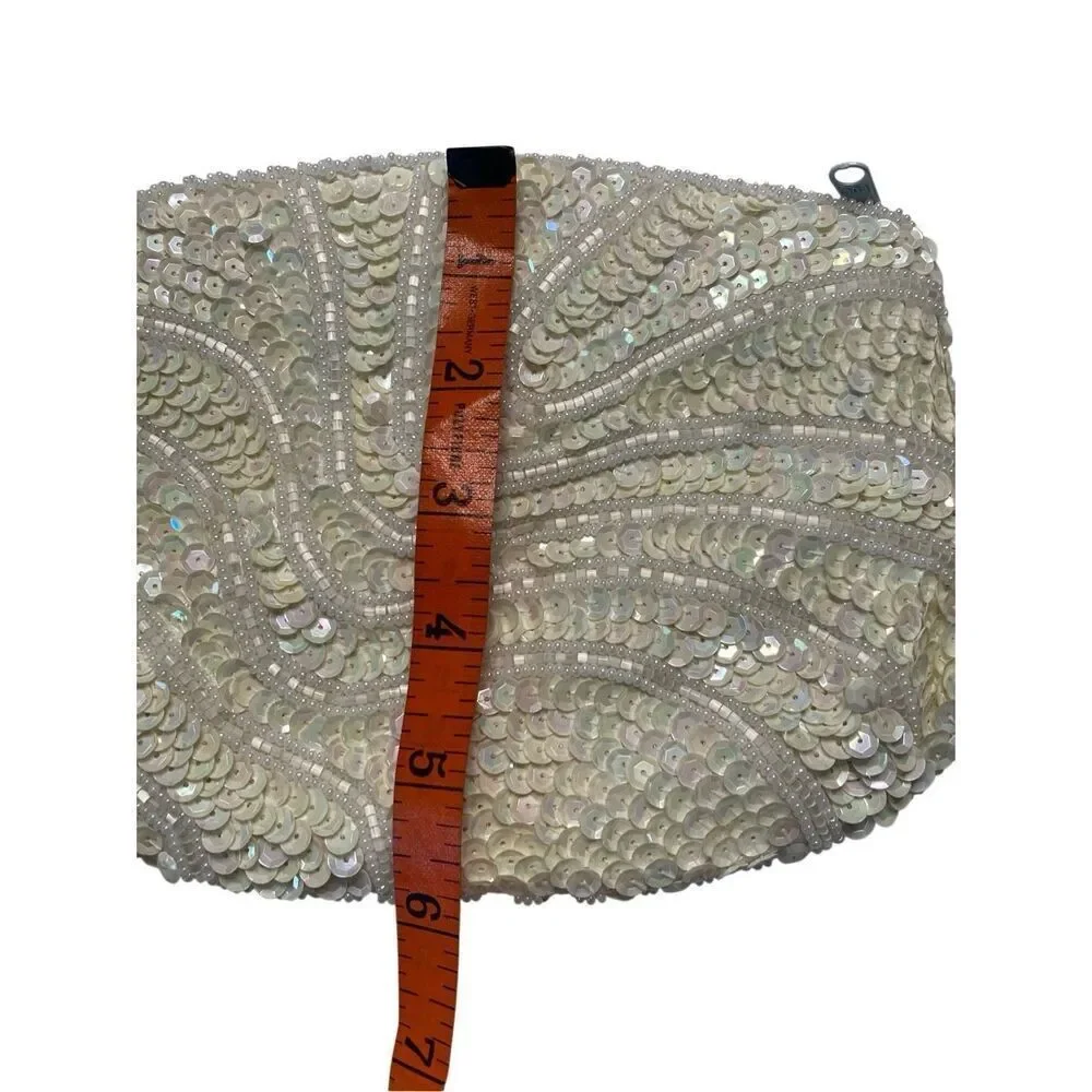 Vintage Ivory Beaded Sequin Clutch Bridal Purse 80s Formal Small Handbag Wedding